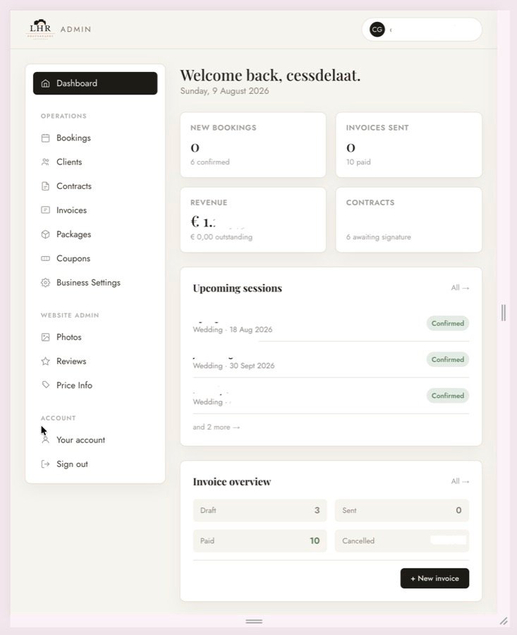 Dashboardscherm van het LHR Studio Admin platform